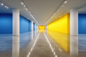 A brightly colored gallery hallway with polished concrete flooring, showcasing vibrant yellow and blue walls, and sleek white pillars.