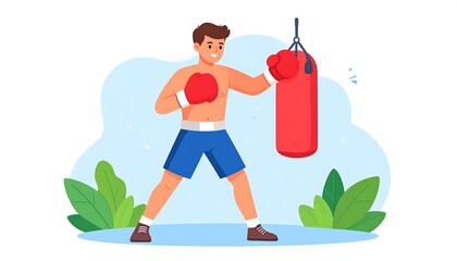 Cartoon boxer practicing with a punching bag
