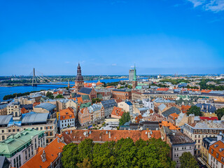 Fototapeta premium Riga old town. Aerial drone view. Panoramic view of Latvia capital city center