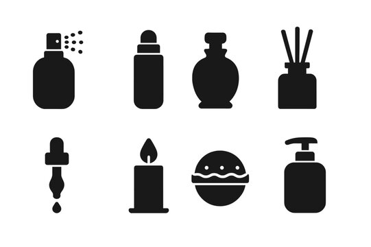 Fragrance Icon Set. Solid, filled icon set of fragrance application methods: spray nozzle, roll-on applicator, dabber bottle, diffuser sticks, scented oil