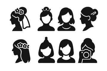 Hairpin Icon Set. Solid, filled icon set of hairpin occasions: wedding, prom, casual, formal, festival, party, daily wear, photo shoot. Solid, filled icons in