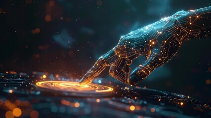 Digital Era: Robotic hand activating a digital circuit in vibrant neon colors - Powered by Adobe