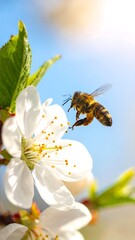 Honeybee on a white blossom, bright day