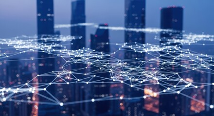 Futuristic cityscape with digital network overlay illustrating global connectivity and innovation