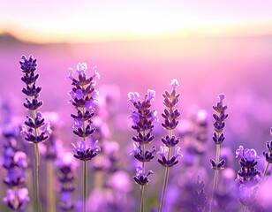Obraz premium Vibrant purple lavender flowers bathed in soft, warm sunset light, creating a serene and peaceful field scene
