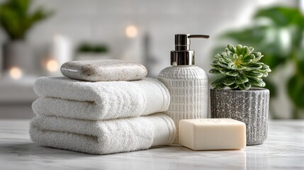 Serene Spa Arrangement with Towels, Soap, Lotion, and Succulent Plant on Marble Surface