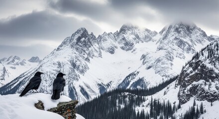 Majestic snow-capped mountains under a dramatic cloudy sky serene winter landscape photography