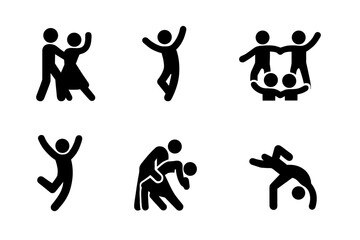 Dance Icon Collection. Solid, filled icon set of dance couples and figures: dance couple pose, solo dancer, group circle, synchronized duo, dancer jumping,