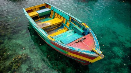 Old wooden boat painted bright colors floating on tropical water vibrant stock photo symbolizing heritage joy and global travel designs