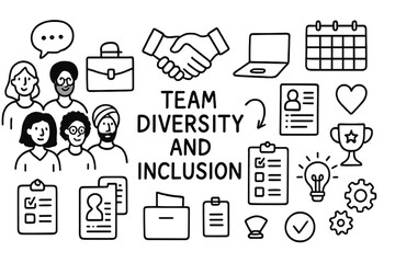 Diverse Team Collaboration. Hand-drawn doodle illustration [Team diversity and inclusion] [diverse people, office building, handshake, computer, resume,