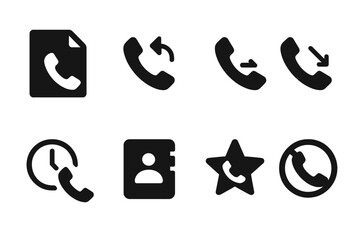 Call History Icons. Solid, filled icon set of call history: call log, missed calls, dialed calls, received calls, call duration, contact list, favorites,