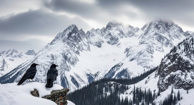 Majestic snow-capped mountains under a dramatic cloudy sky serene winter landscape photography - Powered by Adobe