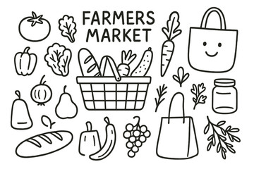 Farmers Market Finds. Hand-drawn doodle illustration farmers market shopping basket, tote bag, tomato, pepper, lettuce, cucumber, onion, apple, banana, grapes,