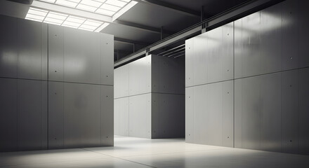 Minimalist interior with large concrete cubes and natural light