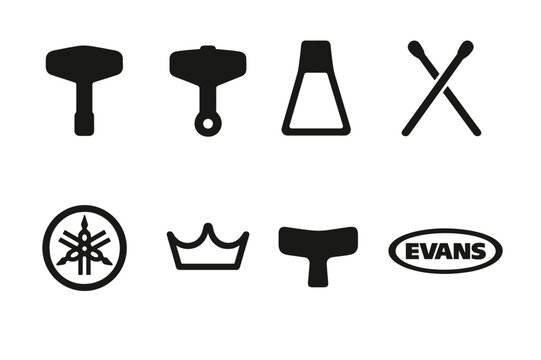 Tuning Key Icons. Solid, filled icon set of tuning key brands: Pearl, DW, Tama, Vic Firth, Yamaha, Remo, Ludwig, Evans. Solid, filled icons in only black
