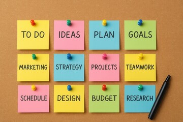 Colorful sticky note board for business tasks reminders and schedules with cork texture detail