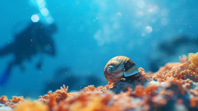 A diver observes a small shell on the ocean floor, surrounded by coral