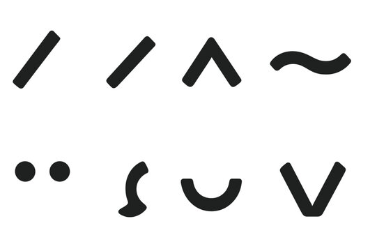 Accent Mark Icons. Solid, filled icon set of accent marks: acute, grave, circumflex, tilde, umlaut, cedilla, breve, caron. Solid, filled icons in only black