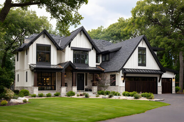 Obraz premium Elegant Modern Farmhouse with Large Porch and Black Steel Doors 
