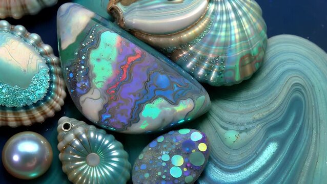 Elaborate Mosaic of Aquatic Cerulean Aquamarine Iridescent Mother-of-Pearl Conch Shell Oceanic Ripple Turquoise Design Non-Objective Veined Agate Crystalline Beryl Jewel Oceanic Crustacean Backdrop M