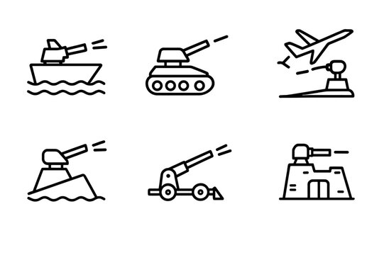Railgun Battlefield Icons. Outline icon set of railgun battlefield scenarios: naval engagement, ground assault, air defense, space battle, coastal defense,