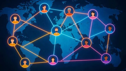 A vibrant digital illustration of global connections with diverse human figures and colorful networking lines on a world map. - Powered by Adobe