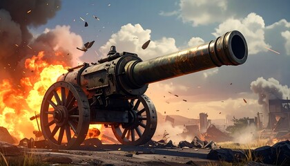 A large cannon erupts in flames amid destruction