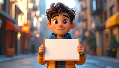 A charming cartoon boy smiles, holding a blank sign. He stands on a city street with buildings and blurred bokeh in the background