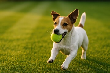 Joyful Jack Russell terrier sprinting with tennis ball across a sunlit green field