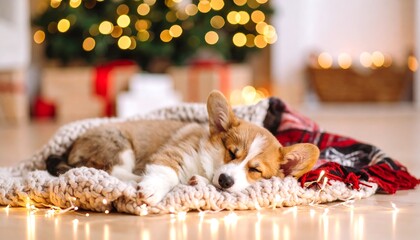 Adorable puppy sleeps nestled in cozy blanket near Christmas tree