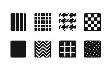 Suit Pattern Icons. Solid, filled icon set of suit patterns: pinstripe, plaid, houndstooth, checkered, solid color, herringbone, windowpane, tweed. Solid,