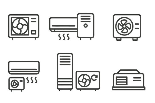 Air Conditioner Icons. Outline icon set of air conditioner types: window AC, split AC, portable AC, central AC, ductless mini split, floor AC, inverter AC,