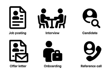 Recruitment Icons Grid. Solid, filled icon set of recruitment process: job posting, interview, CV review, candidate selection, offer letter, onboarding,