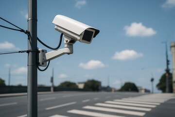 Street mounted security camera on pole monitoring urban scene against blue sky