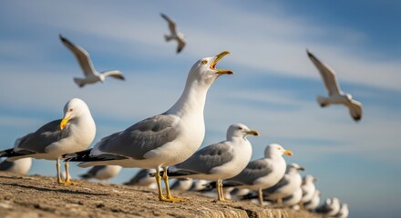 Fototapeta premium Flock of seagulls soaring and perched by the sea with clear blue skies above