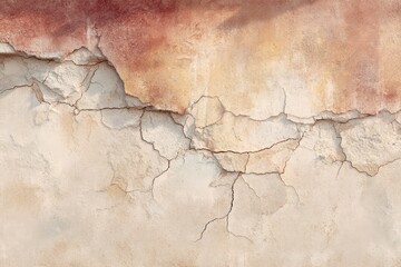 A weathered, cracked stucco wall displays a palette of muted beige and rust tones, highlighting the texture of age and decay.