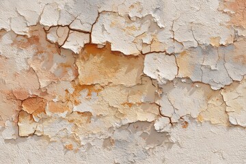 Obraz premium A weathered, stuccoed exterior wall exhibits extensive cracking and peeling paint, showcasing a mix of light beige and muted orange tones.
