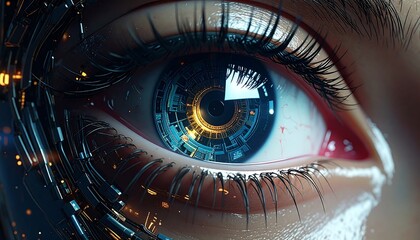 A close-up of a cybernetic eye, intricate mechanical details replacing the iris and surrounding the eyeball. The eye has a futuristic, tech-infused look