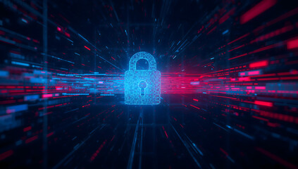 Cybersecurity Concept: A Glowing Digital Padlock Protecting a Stream of Binary Data.