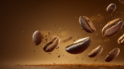 Coffee beans exploding in mid-air, creating a dynamic scene with coffee, explosion, beans, motion, and energy