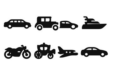 Naklejka premium Elegant Vehicle Icons. Solid, filled icon set of elegant vehicles: limousine, vintage car, sports car, yacht, classic motorcycle, horse-drawn carriage, private