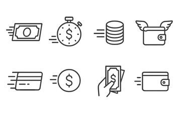 Fast Money Icons. Outline icon set of money speed: cash flying, stopwatch dollar, stack of coins, wallet with wings, credit card fast pay, coin with motion,