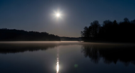 Obraz premium Moonlit lake at night with fog