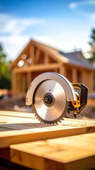 Construction circular saw on lumber, house in background
