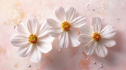 Obraz premium Close-up of fresh white cosmos flowers with yellow center and dew drops on petals over pastel pink textured background, natural floral macro for wellness, spa, or romantic cards