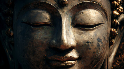 Serene Buddha statue face close-up view showcasing intricate details and peaceful emotions in a spiritual environment