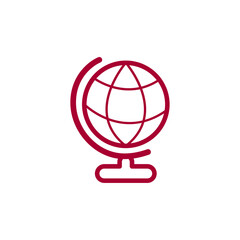 Stylized red graphic of an Earth globe icon representing worldwide connection and travel