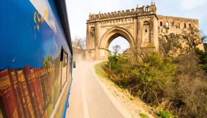 Driving Towards Ancient Archway on Roadway with Bus