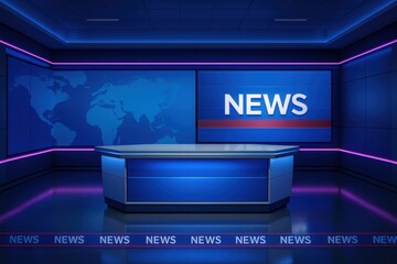 Broadcast newsroom set with curved LED walls and glossy floor under cool cinematic lights