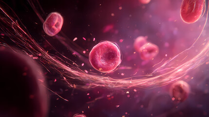 Red blood cells flowing through a vessel, close-up microscopic view